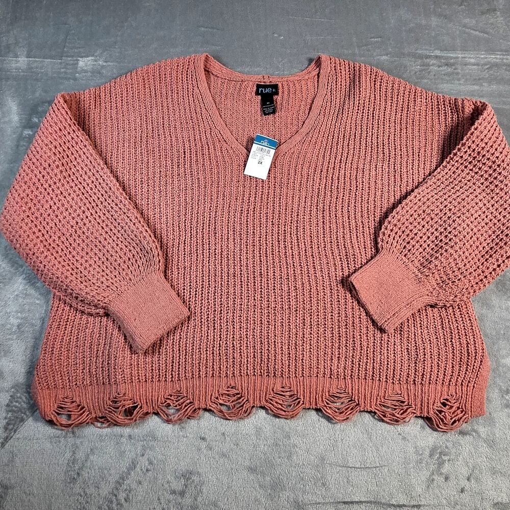 NWT Rue 21+ Plus sz 2X Pink Mauve V neck sweater Torn bottom Ribbed